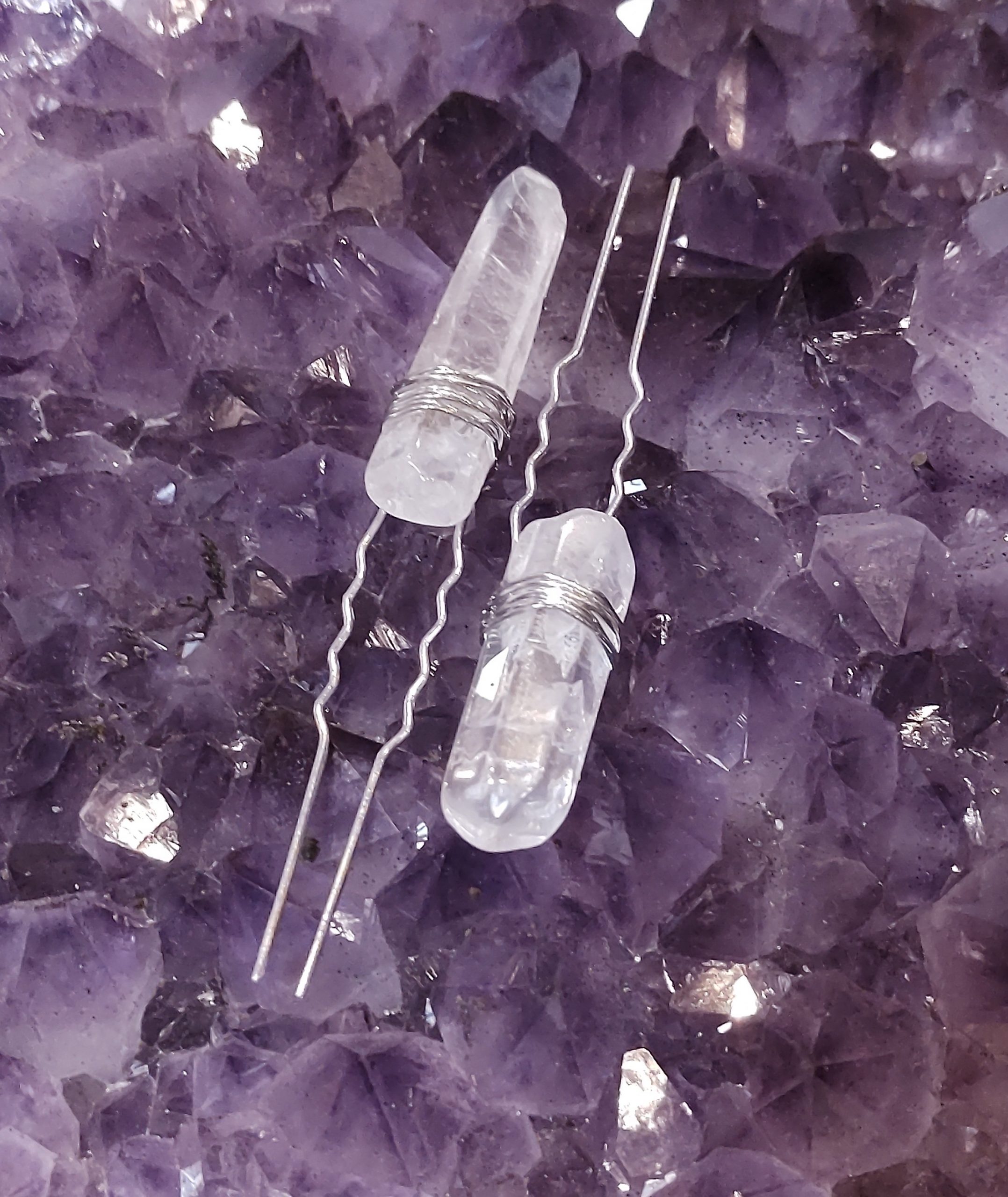 Hair Accessories Clear Quartz Angel Aura Quartz Hair Pins Silver Metal Finish